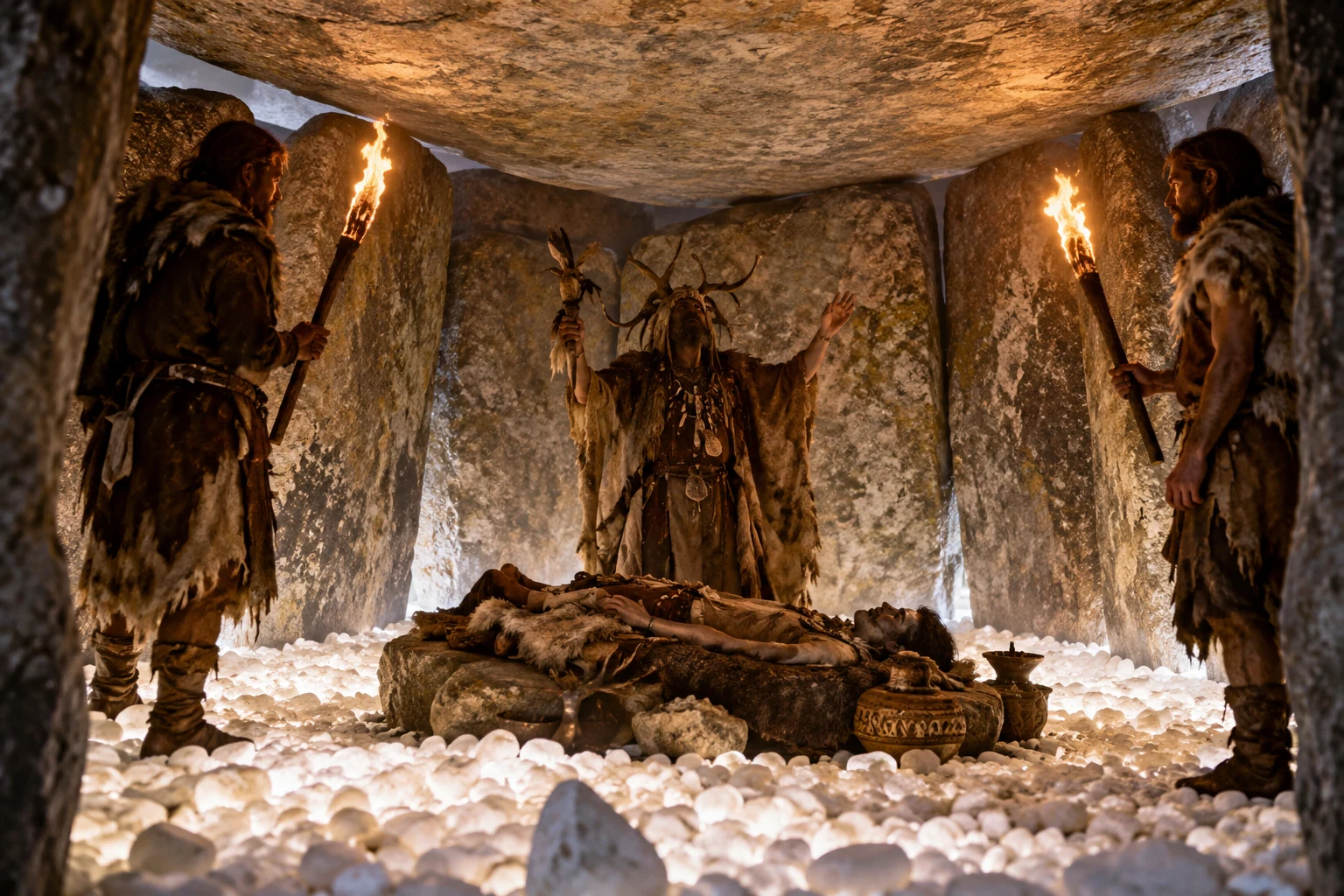 Reconstitution d'un rituel néolithique sur le sol de galets blancs illuminés par les torches